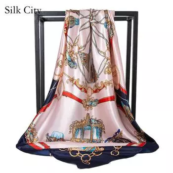 Высококачественные роскошные шелковые шарфы, повязка на голову, шарфы, шейный шарф для женщин, шелковый шарф с цепочкой, женская декоративная шаль 90*90cm