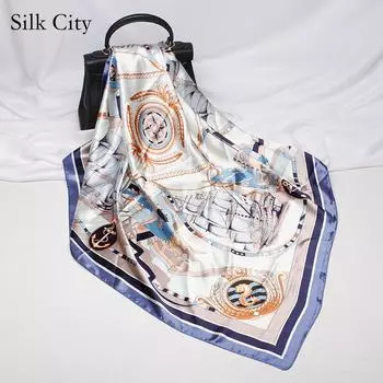 Высококачественные роскошные шелковые шарфы, повязка на голову, шарфы, шейный шарф для женщин, шелковый шарф с цепочкой, женская декоративная шаль 90*90cm