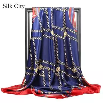 Высококачественные роскошные шелковые шарфы, повязка на голову, шарфы, шейный шарф для женщин, шелковый шарф с цепочкой, женская декоративная шаль 90*90cm синий