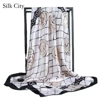 Высококачественные роскошные шелковые шарфы, повязка на голову, шарфы, шейный шарф для женщин, шелковый шарф с цепочкой, женская декоративная шаль 90*90cm чёрный