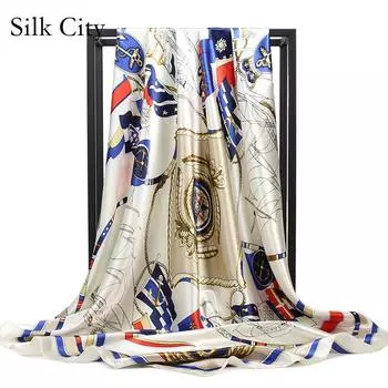 Высококачественные роскошные шелковые шарфы, повязка на голову, шарфы, шейный шарф для женщин, шелковый шарф с цепочкой, женская декоративная шаль 90*90cm хаки