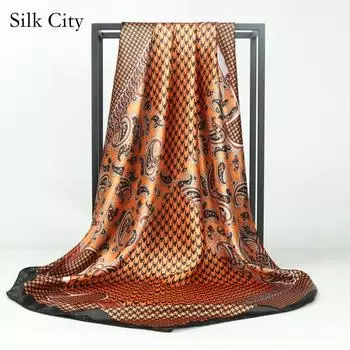 Высококачественные роскошные шелковые шарфы, повязка на голову, шарфы, шейный шарф для женщин, шелковый шарф с цепочкой, женская декоративная шаль 90*90cm