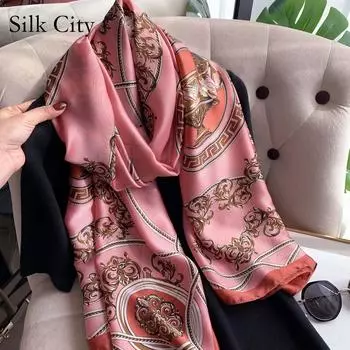 Высококачественные роскошные шелковые шарфы, повязка на голову, шарфы, шейный шарф для женщин, шелковый шарф с цепочкой, женская декоративная шаль 180-90cm