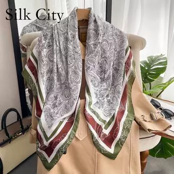 Высококачественные роскошные шелковые шарфы, повязка на голову, шарфы, шейный шарф для женщин, шелковый шарф с цепочкой, женская декоративная шаль 110*110cm
