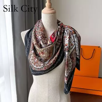 Высококачественные роскошные шелковые шарфы, повязка на голову, шарфы, шейный шарф для женщин, шелковый шарф с цепочкой, женская декоративная шаль 90*90cm