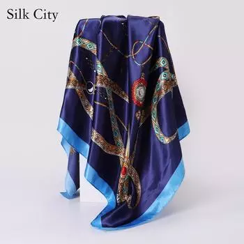 Высококачественные роскошные шелковые шарфы, повязка на голову, шарфы, шейный шарф для женщин, шелковый шарф с цепочкой, женская декоративная шаль 90cm