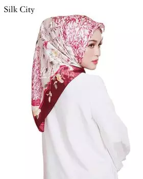 Высококачественные роскошные шелковые шарфы, повязка на голову, шарфы, шейный шарф для женщин, шелковый шарф с цепочкой, женская декоративная шаль 90*90cmMuslim hijab красный