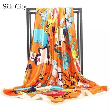 Высококачественные роскошные шелковые шарфы, повязка на голову, шарфы, шейный шарф для женщин, шелковый шарф с цепочкой, женская декоративная шаль 90*90cm синий