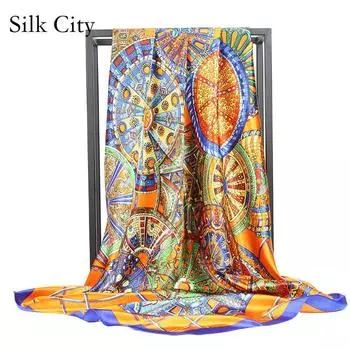 Высококачественные роскошные шелковые шарфы, повязка на голову, шарфы, шейный шарф для женщин, шелковый шарф с цепочкой, женская декоративная шаль 90*90cmpolysatin) красный