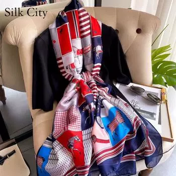 Высококачественные роскошные шелковые шарфы, повязка на голову, шарфы, шейный шарф для женщин, шелковый шарф с цепочкой, женская декоративная шаль 180-90cm