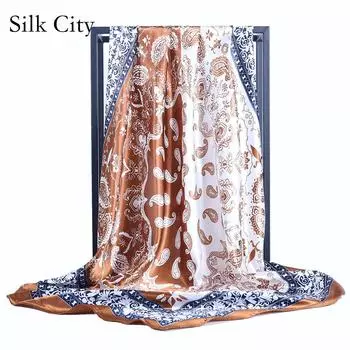 Высококачественные роскошные шелковые шарфы, повязка на голову, шарфы, шейный шарф для женщин, шелковый шарф с цепочкой, женская декоративная шаль 90*90cm жёлтый