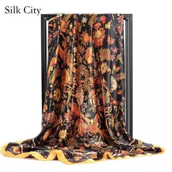 Высококачественные роскошные шелковые шарфы, повязка на голову, шарфы, шейный шарф для женщин, шелковый шарф с цепочкой, женская декоративная шаль 90*90cm