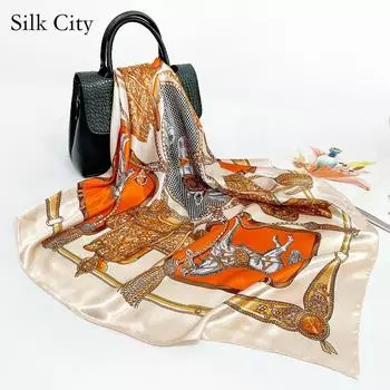 Высококачественные роскошные шелковые шарфы, повязка на голову, шарфы, шейный шарф для женщин, шелковый шарф с цепочкой, женская декоративная шаль 90*90cm