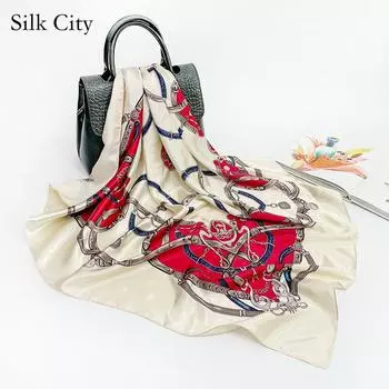 Высококачественные роскошные шелковые шарфы, повязка на голову, шарфы, шейный шарф для женщин, шелковый шарф с цепочкой, женская декоративная шаль 90*90cm