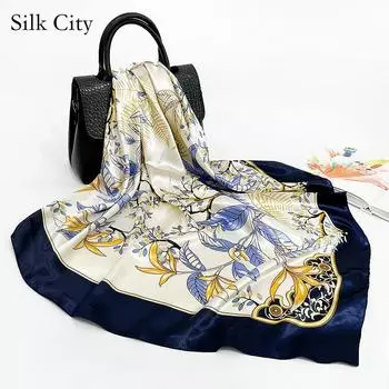 Высококачественные роскошные шелковые шарфы, повязка на голову, шарфы, шейный шарф для женщин, шелковый шарф с цепочкой, женская декоративная шаль 90*90cm