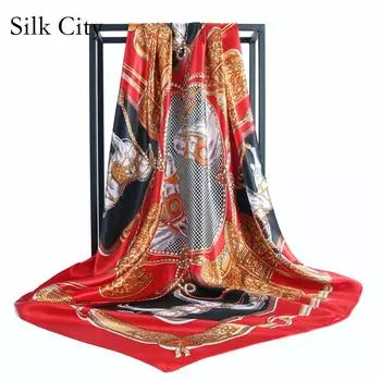 Высококачественные роскошные шелковые шарфы, повязка на голову, шарфы, шейный шарф для женщин, шелковый шарф с цепочкой, женская декоративная шаль 90*90cm бежевый