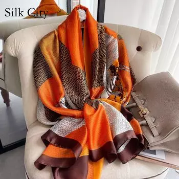 Высококачественные роскошные шелковые шарфы, повязка на голову, шарфы, шейный шарф для женщин, шелковый шарф с цепочкой, женская декоративная шаль 180-90cm