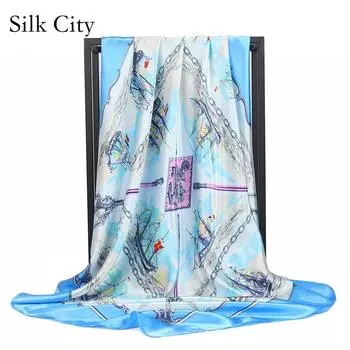 Высококачественные роскошные шелковые шарфы, повязка на голову, шарфы, шейный шарф для женщин, шелковый шарф с цепочкой, женская декоративная шаль 90*90cm