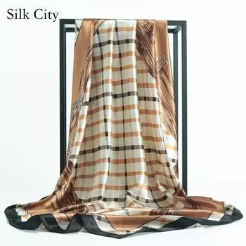 Высококачественные роскошные шелковые шарфы, повязка на голову, шарфы, шейный шарф для женщин, шелковый шарф с цепочкой, женская декоративная шаль 90*90cm