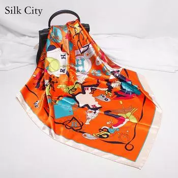 Высококачественные роскошные шелковые шарфы, повязка на голову, шарфы, шейный шарф для женщин, шелковый шарф с цепочкой, женская декоративная шаль 90*90cm