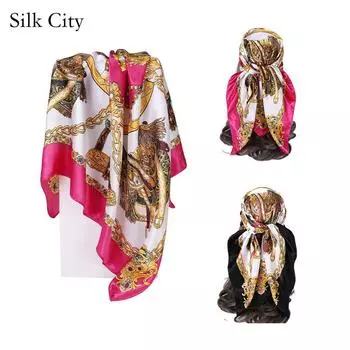 Высококачественные роскошные шелковые шарфы, повязка на голову, шарфы, шейный шарф для женщин, шелковый шарф с цепочкой, женская декоративная шаль 90*90cm