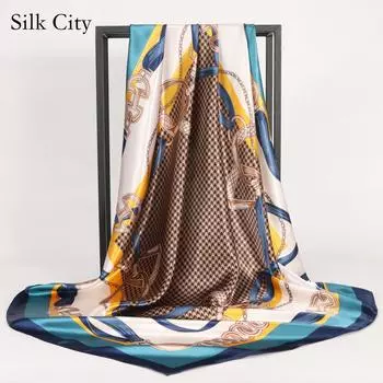 Высококачественные роскошные шелковые шарфы, повязка на голову, шарфы, шейный шарф для женщин, шелковый шарф с цепочкой, женская декоративная шаль 90*90cm