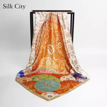 Высококачественные роскошные шелковые шарфы, повязка на голову, шарфы, шейный шарф для женщин, шелковый шарф с цепочкой, женская декоративная шаль 90*90cm
