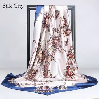 Высококачественные роскошные шелковые шарфы, повязка на голову, шарфы, шейный шарф для женщин, шелковый шарф с цепочкой, женская декоративная шаль 90*90cm