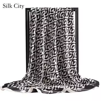 Высококачественные роскошные шелковые шарфы, повязка на голову, шарфы, шейный шарф для женщин, шелковый шарф с цепочкой, женская декоративная шаль 90*90cm чёрный