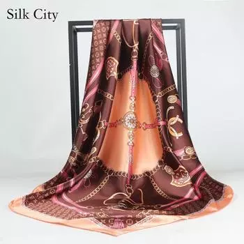 Высококачественные роскошные шелковые шарфы, повязка на голову, шарфы, шейный шарф для женщин, шелковый шарф с цепочкой, женская декоративная шаль 90*90cm зелёный