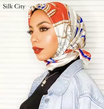 Высококачественные роскошные шелковые шарфы, повязка на голову, шарфы, шейный шарф для женщин, шелковый шарф с цепочкой, женская декоративная шаль 90*90cm красный