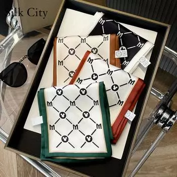 Высококачественные роскошные шелковые шарфы, повязка на голову, шарфы, шейный шарф для женщин, шелковый шарф с цепочкой, женская декоративная шаль 110-14cm