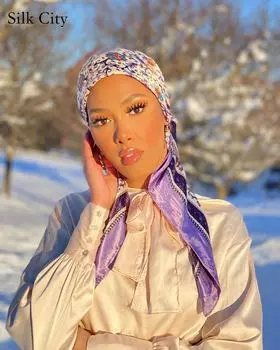 Высококачественные роскошные шелковые шарфы, повязка на голову, шарфы, шейный шарф для женщин, шелковый шарф с цепочкой, женская декоративная шаль 90*90cm фиолетовый