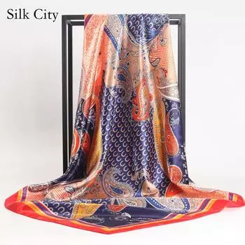 Высококачественные роскошные шелковые шарфы, повязка на голову, шарфы, шейный шарф для женщин, шелковый шарф с цепочкой, женская декоративная шаль 90*90cm