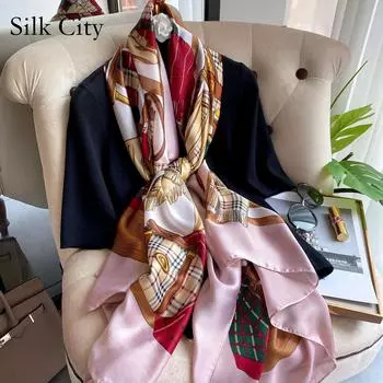 Высококачественные роскошные шелковые шарфы, повязка на голову, шарфы, шейный шарф для женщин, шелковый шарф с цепочкой, женская декоративная шаль 180-90cm