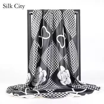 Высококачественные роскошные шелковые шарфы, повязка на голову, шарфы, шейный шарф для женщин, шелковый шарф с цепочкой, женская декоративная шаль 90*90cm чёрный