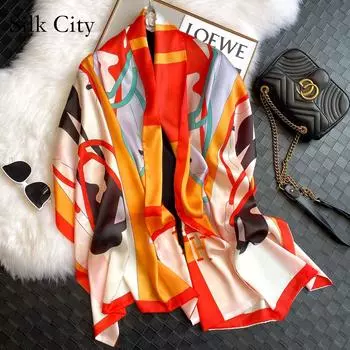 Высококачественные роскошные шелковые шарфы, повязка на голову, шарфы, шейный шарф для женщин, шелковый шарф с цепочкой, женская декоративная шаль 180-70cm