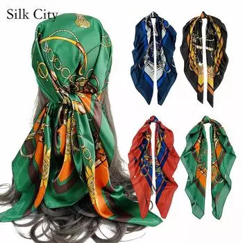Высококачественные роскошные шелковые шарфы, повязка на голову, шарфы, шейный шарф для женщин, шелковый шарф с цепочкой, женская декоративная шаль 90*90cm