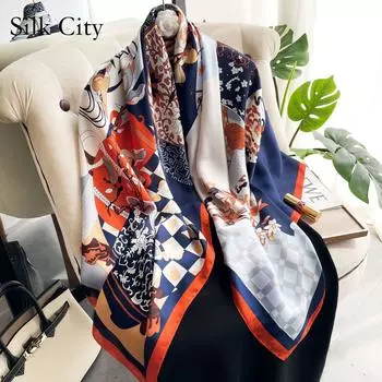 Высококачественные роскошные шелковые шарфы, повязка на голову, шарфы, шейный шарф для женщин, шелковый шарф с цепочкой, женская декоративная шаль 110-110cm