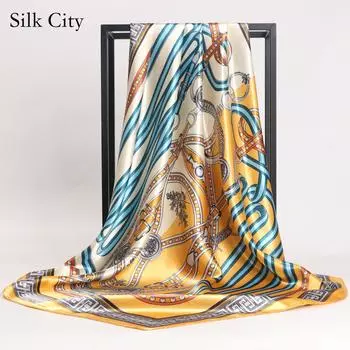 Высококачественные роскошные шелковые шарфы, повязка на голову, шарфы, шейный шарф для женщин, шелковый шарф с цепочкой, женская декоративная шаль 90*90cm