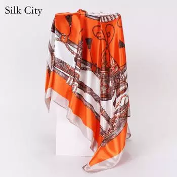Высококачественные роскошные шелковые шарфы, повязка на голову, шарфы, шейный шарф для женщин, шелковый шарф с цепочкой, женская декоративная шаль 90cm