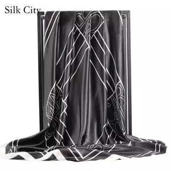 Высококачественные роскошные шелковые шарфы, повязка на голову, шарфы, шейный шарф для женщин, шелковый шарф с цепочкой, женская декоративная шаль 90*90cm чёрный