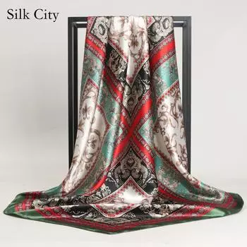 Высококачественные роскошные шелковые шарфы, повязка на голову, шарфы, шейный шарф для женщин, шелковый шарф с цепочкой, женская декоративная шаль 90*90cm красный