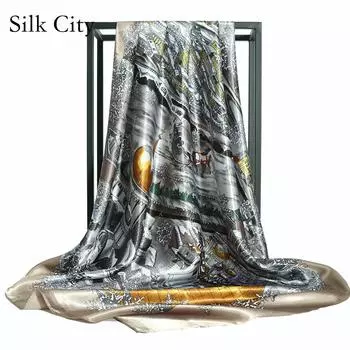 Высококачественные роскошные шелковые шарфы, повязка на голову, шарфы, шейный шарф для женщин, шелковый шарф с цепочкой, женская декоративная шаль 90*90cm