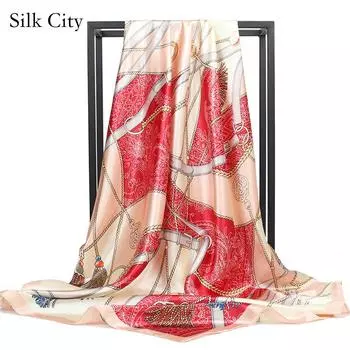 Высококачественные роскошные шелковые шарфы, повязка на голову, шарфы, шейный шарф для женщин, шелковый шарф с цепочкой, женская декоративная шаль 90*90cm