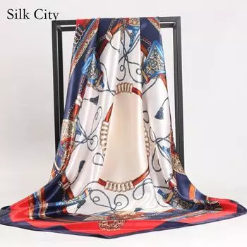 Высококачественные роскошные шелковые шарфы, повязка на голову, шарфы, шейный шарф для женщин, шелковый шарф с цепочкой, женская декоративная шаль 90*90cm