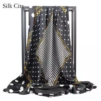 Высококачественные роскошные шелковые шарфы, повязка на голову, шарфы, шейный шарф для женщин, шелковый шарф с цепочкой, женская декоративная шаль 90*90cm чёрный