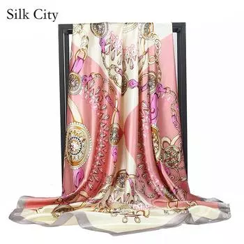 Высококачественные роскошные шелковые шарфы, повязка на голову, шарфы, шейный шарф для женщин, шелковый шарф с цепочкой, женская декоративная шаль 90*90cm красный