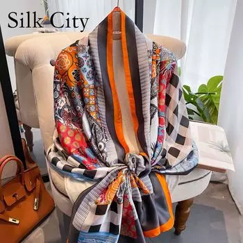 Высококачественные роскошные шелковые шарфы, повязка на голову, шарфы, шейный шарф для женщин, шелковый шарф с цепочкой, женская декоративная шаль 180*90cm серый