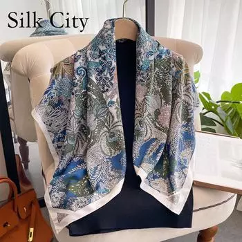 Высококачественные роскошные шелковые шарфы, повязка на голову, шарфы, шейный шарф для женщин, шелковый шарф с цепочкой, женская декоративная шаль 90*90cm серый